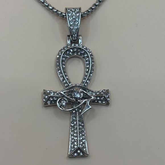 Silver tone 3A CZ iced out Ankh pendant religious piece free chain included - Picture 2 of 4